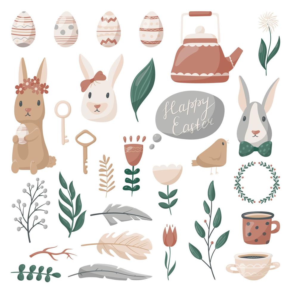 reeks van vector tekenfilm naadloos vlak pictogrammen Aan Pasen thema. schattig tekens en ontwerp elementen. Pasen eieren, konijnen, tekening afbeeldingen van planten en bloemen.