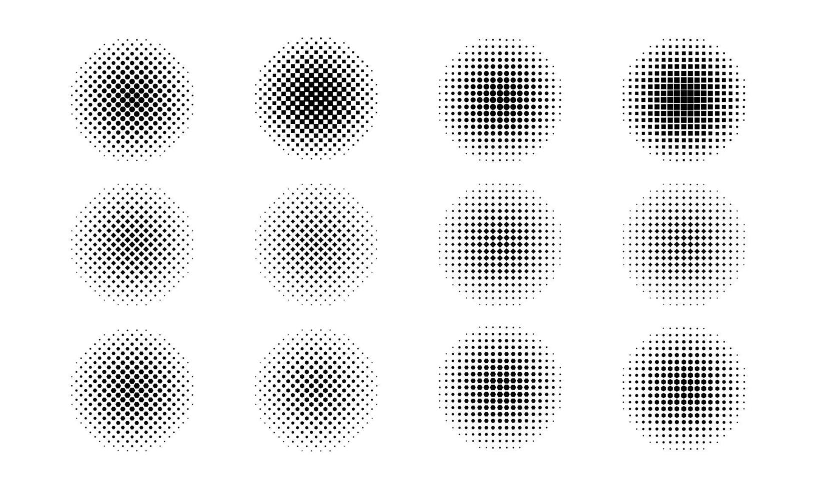 halftone dots in cirkel lijsten, reeks van ronde dots patroon meetkundig achtergronden vector