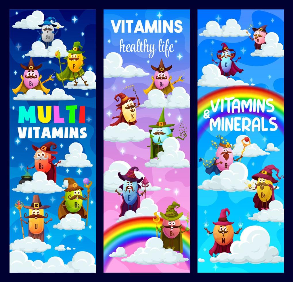 tekenfilm vitamine magiër tekens Aan wolken banners vector