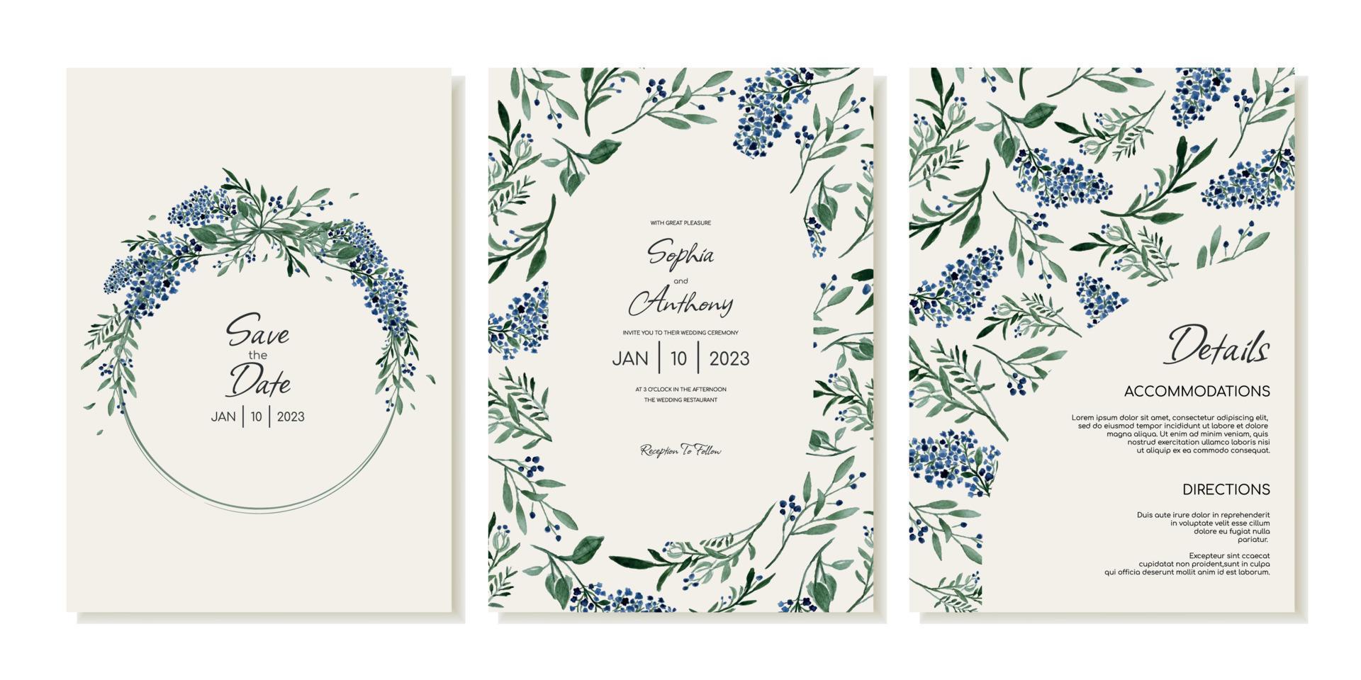reeks van rustiek bruiloft uitnodiging Sjablonen met wilde bloemen. uitnodiging kaarten, details in waterverf wijnoogst stijl. vector