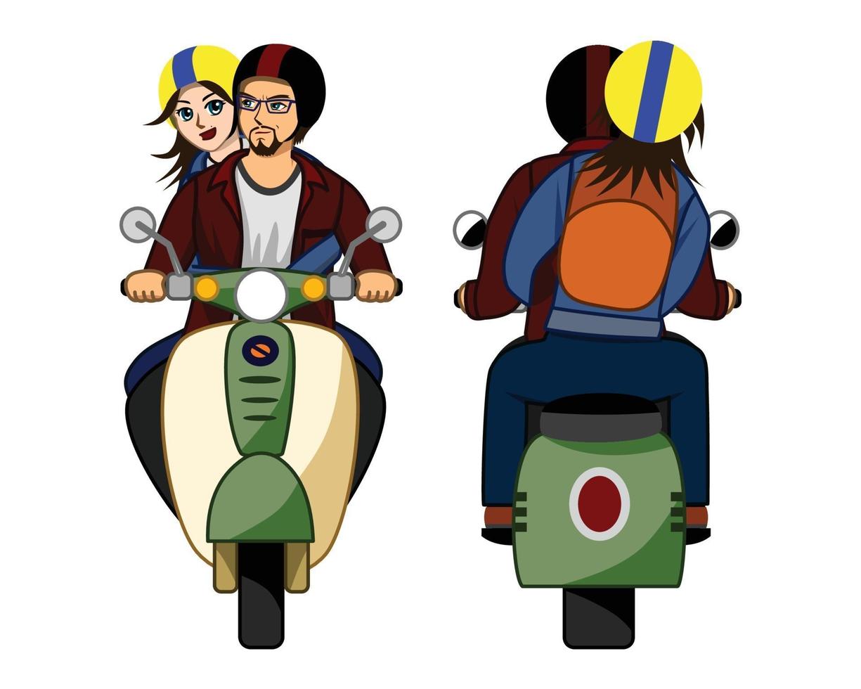 vectorillustratie van koppels, vrouwen en mannen die op nieuwe motorfietsen rijden vector