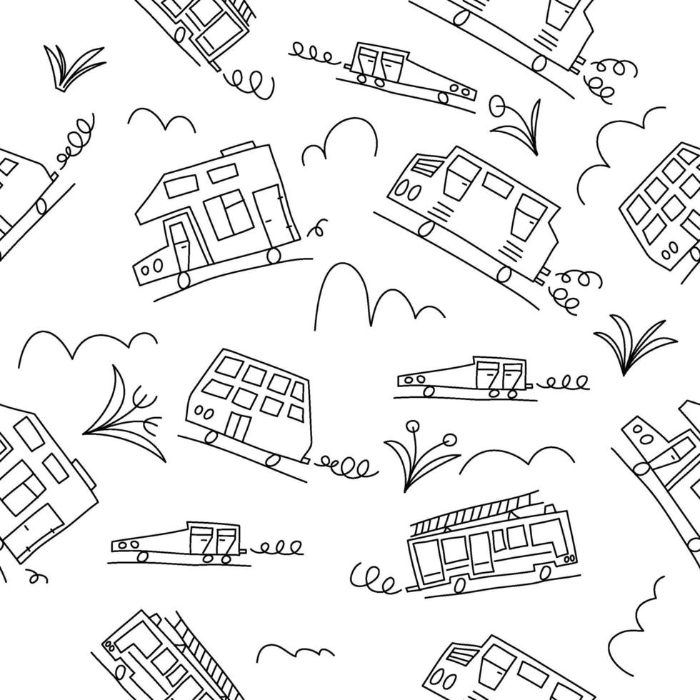 vector zwart-wit doodle monoline-auto's. naadloze baby jongen patroon monoline. textuur voor behang, vullingen, webpagina-achtergrond.