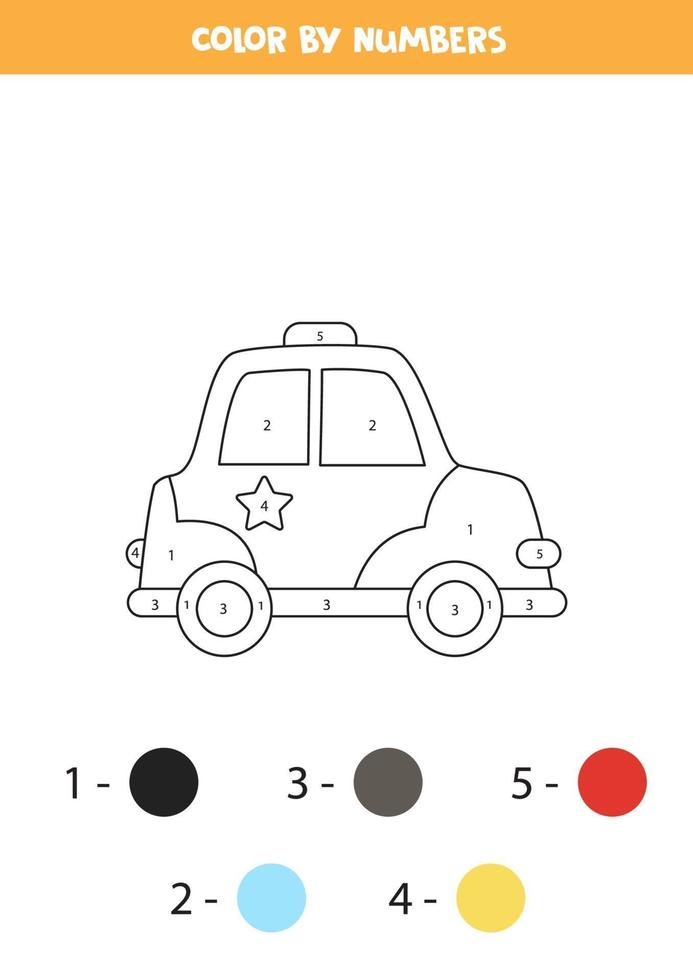kleur cartoon politie-auto op nummer. transport werkblad. vector