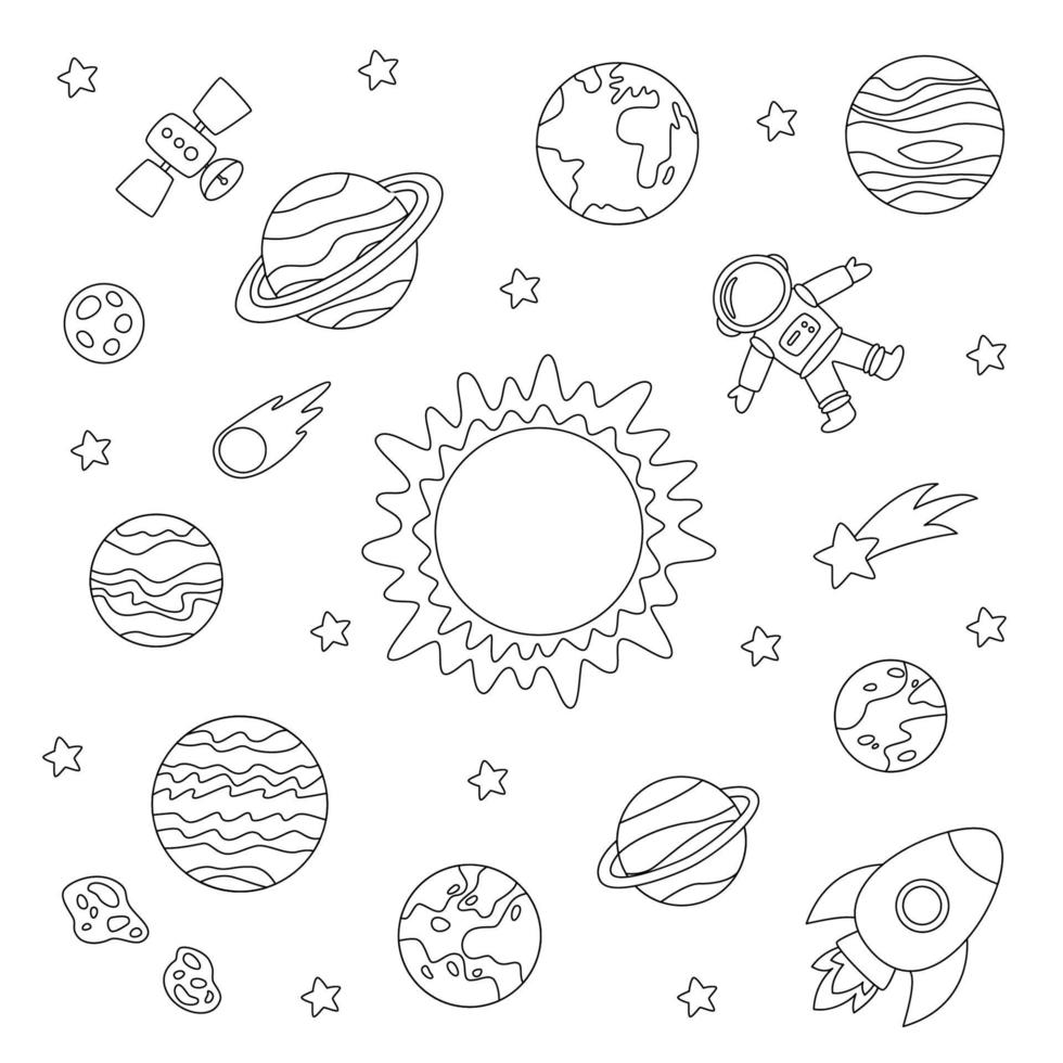 kleur zonnestelsel planeten en astronaut. kleurplaat voor kinderen. vector