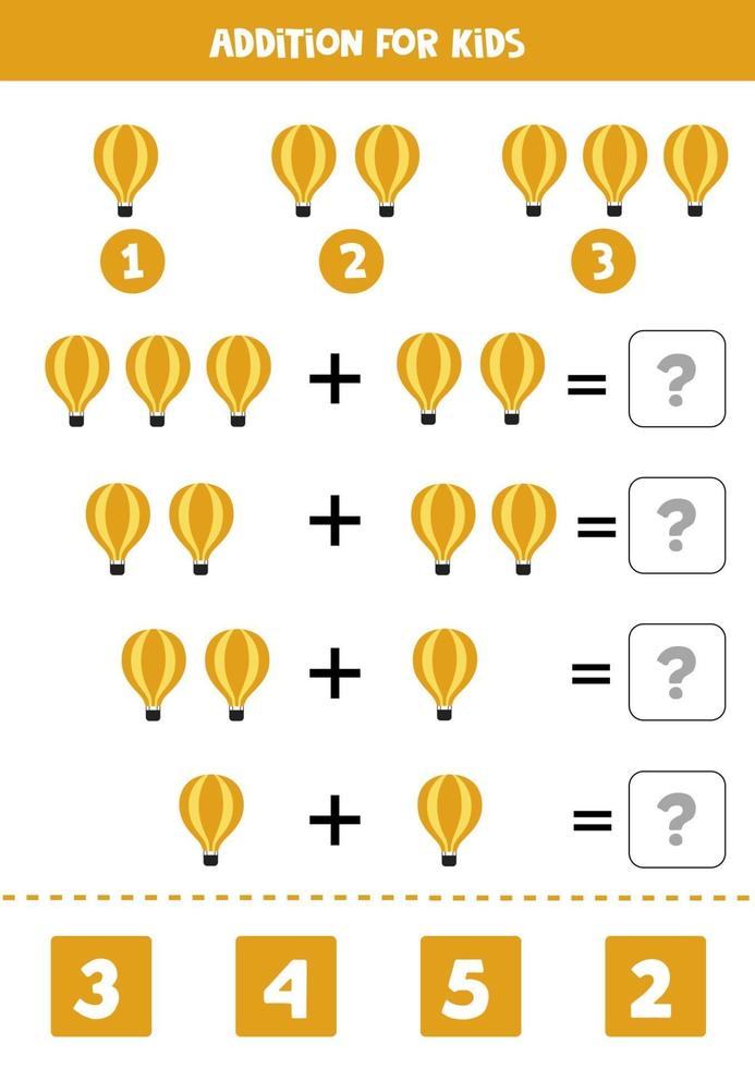 toevoeging werkblad met cartoon luchtballon. wiskunde spel. vector