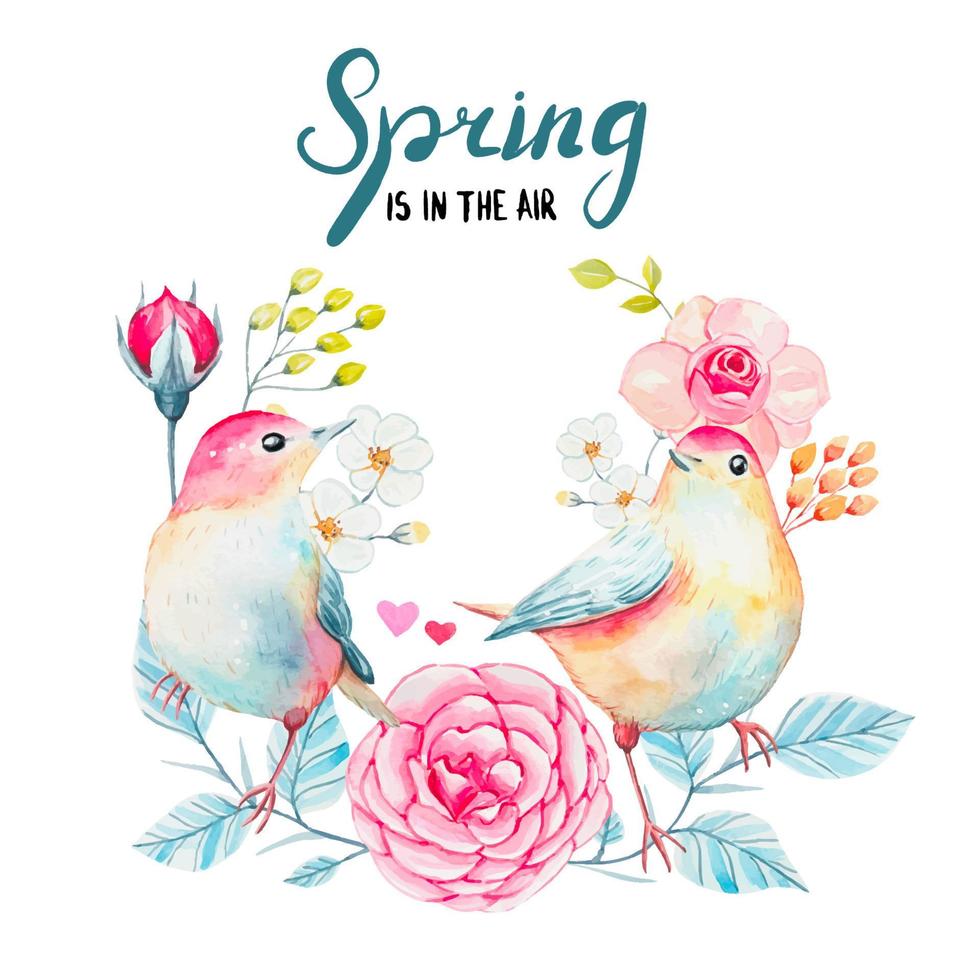 hand- getrokken voorjaar kaart, vector waterverf vogelstand met bloemen