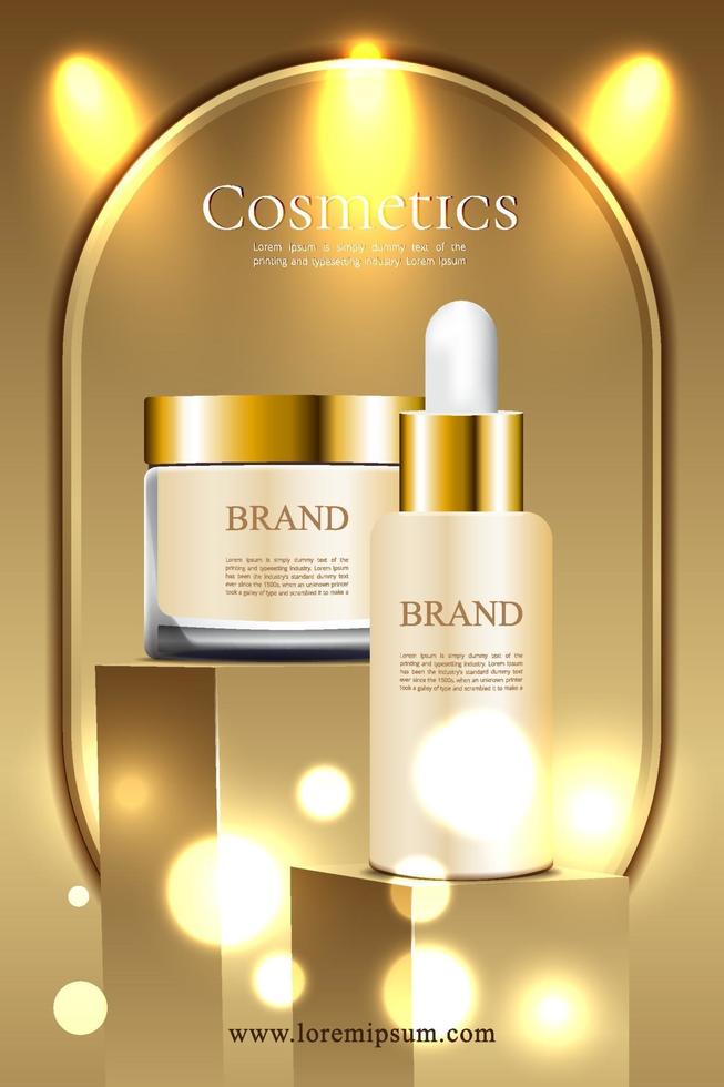 gouden luxe cosmetische productpromotieposter met podium en 3d-pakket vector