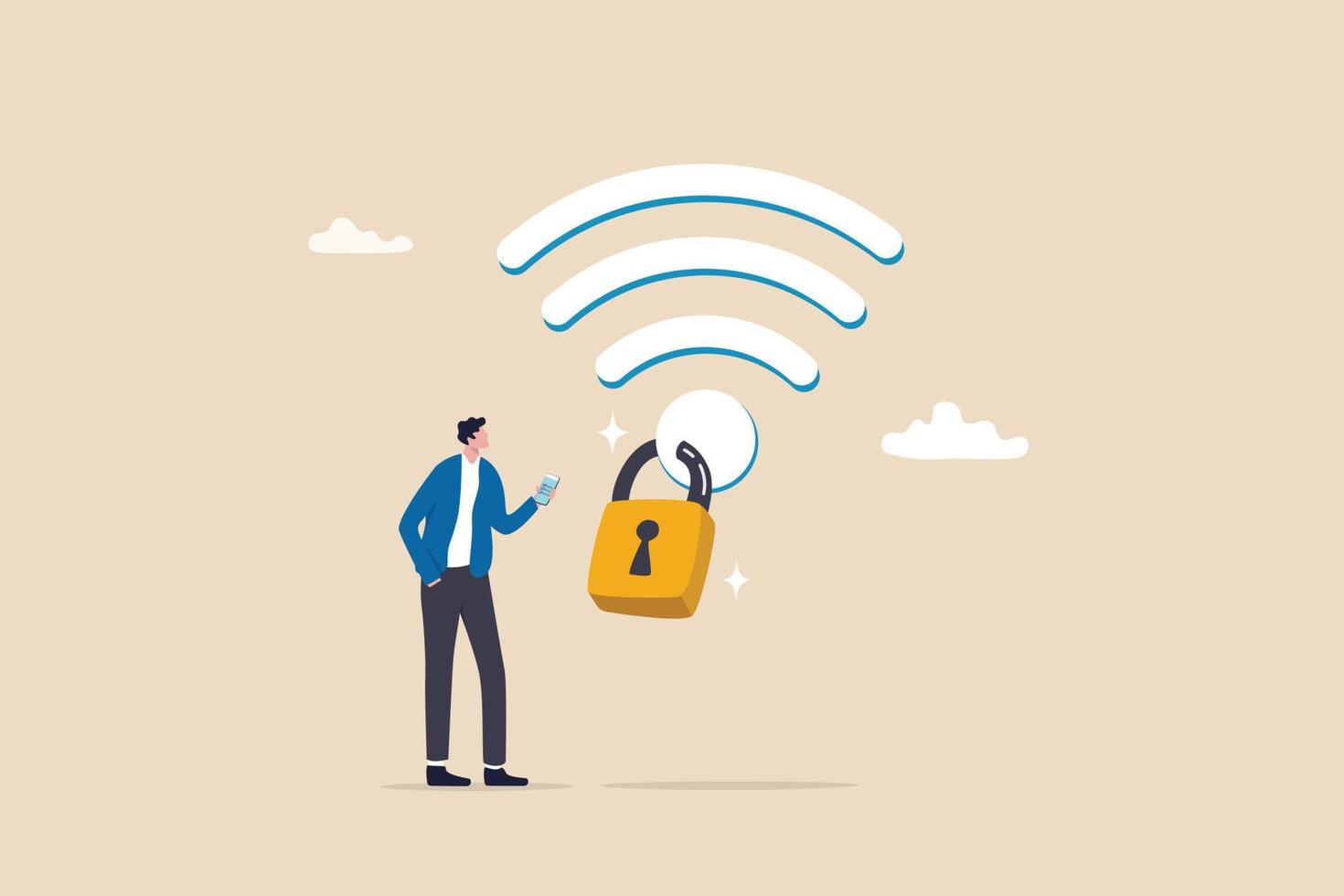 Wifi encryptie, draadloze veiligheid of veiligheid voor internet verbinding, netwerk bescherming of mobiel toegang, wachtwoord encryptie concept, Mens mobiel gebruiker aansluiten naar Wifi netwerk met hangslot encryptie. vector