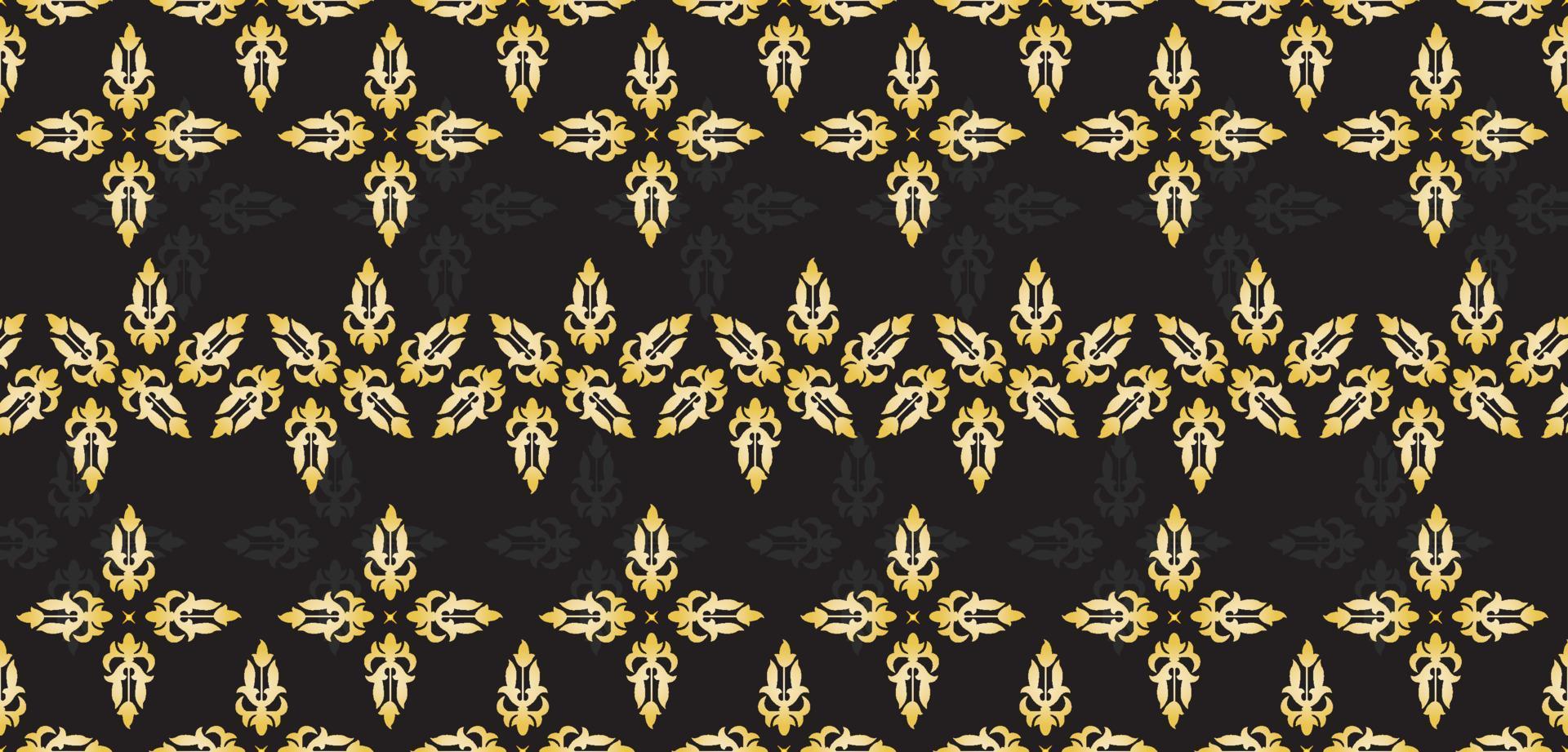 Indonesisch traditioneel batik patronen van riau, Maleisië, Maleis traditioneel ontwerp cultuur melayu Aan zwart kleding stof achtergrond, goud draden vector