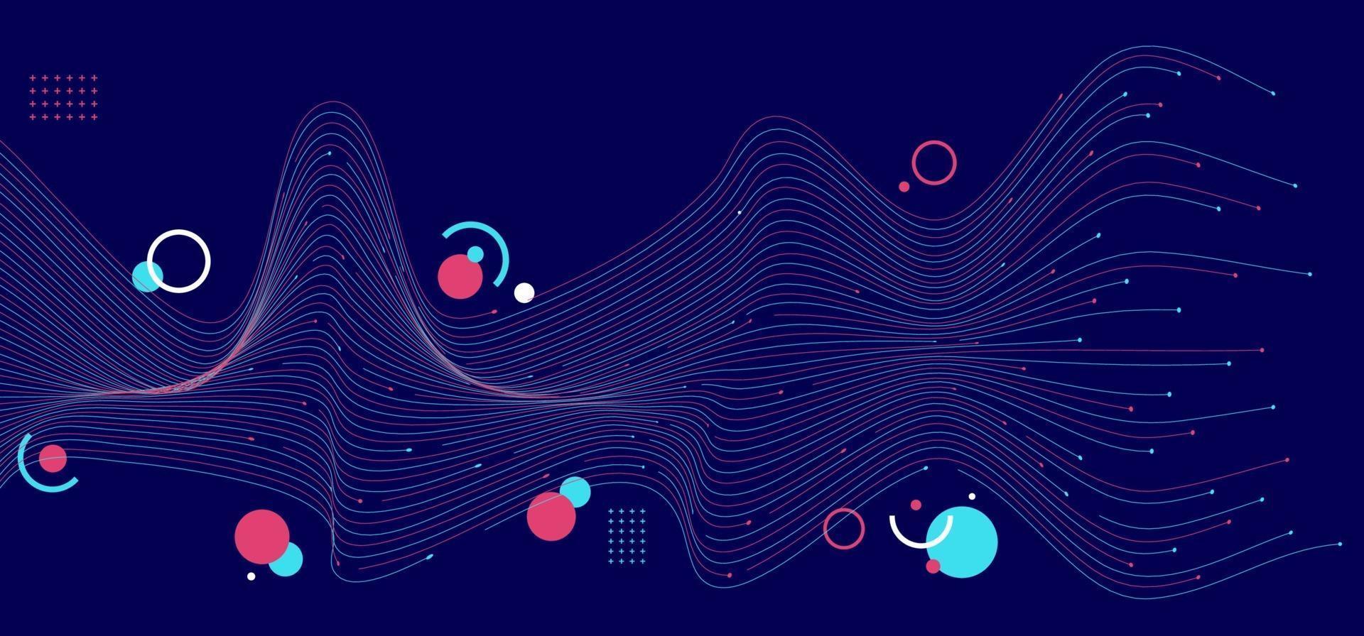 abstracte blauwe en roze golflijnen met geometrisch op donkerblauwe achtergrond vector
