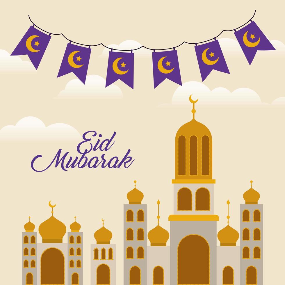 eid Mubarak-tempel met maan en bannerwimpel vectorontwerp vector