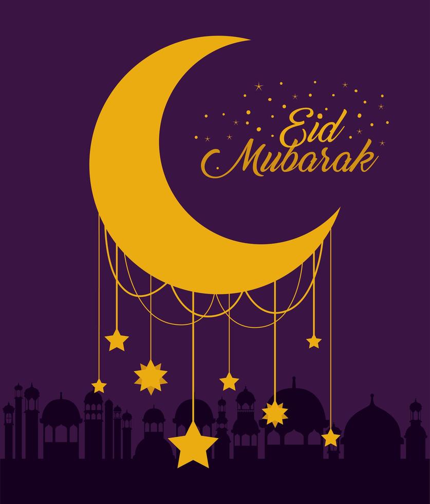 eid Mubarak-maan met sterren en het vectorontwerp van stadsgebouwen vector