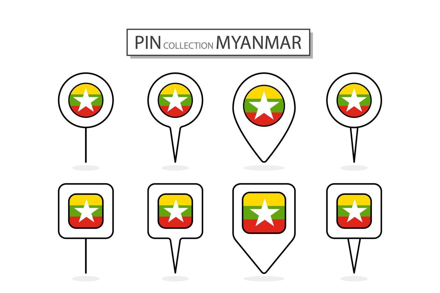 reeks van vlak pin Myanmar vlag icoon in verschillend vormen vlak pin icoon illustratie ontwerp. vector