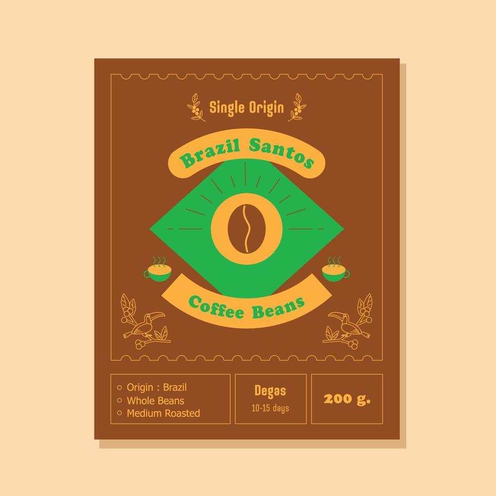 Brazilië santos koffie etiket met koffie bonen vector