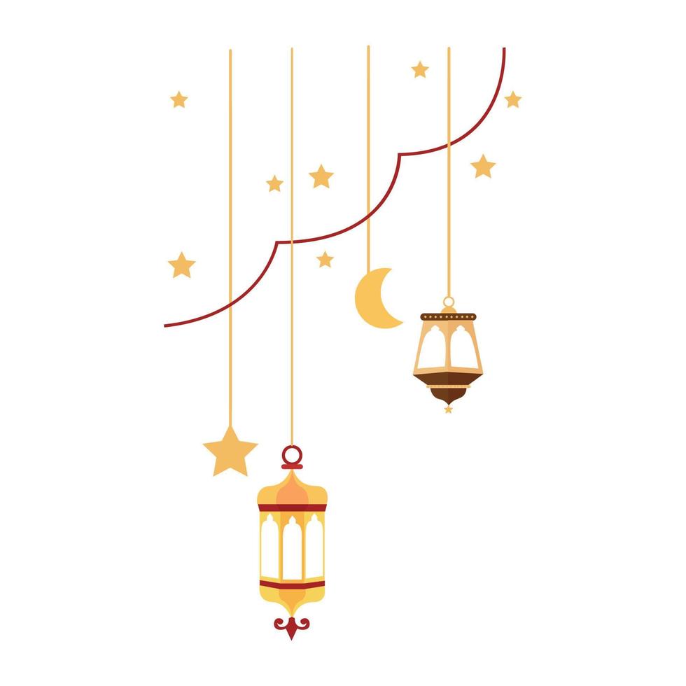 Islamitisch lantaarn illustratie voor Ramadan kareem elementen decoratie. symbolen van Ramadan mubarak, hangende goud lantaarns, Arabisch lampen, lantaarns maan, lantaarn element, ster, kunst, vector en illustratie