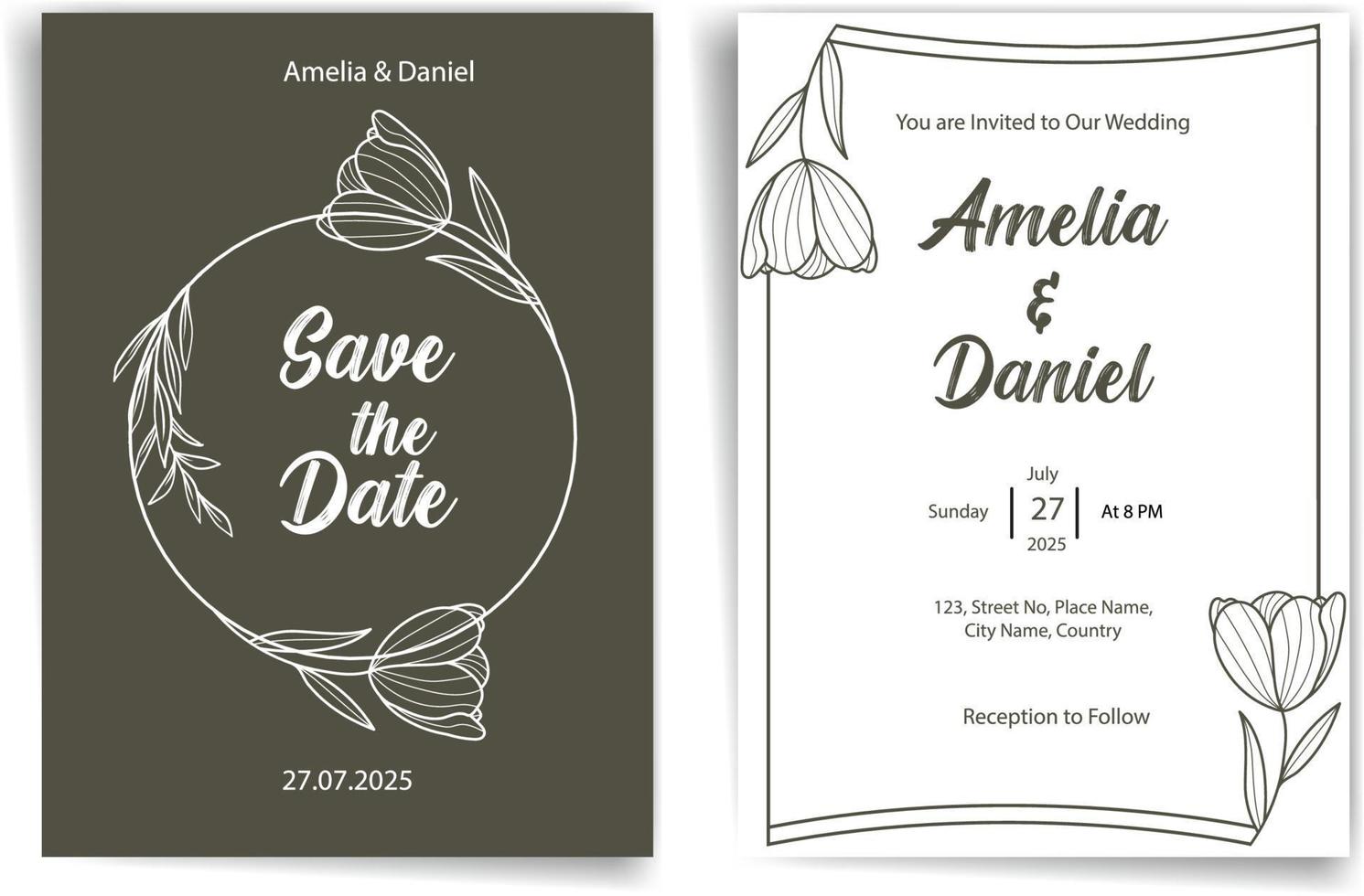 minimaal bruiloft uitnodiging kaart met schets bloem en schets bladeren en circulaire kader, elegant bloemen vector illustratie