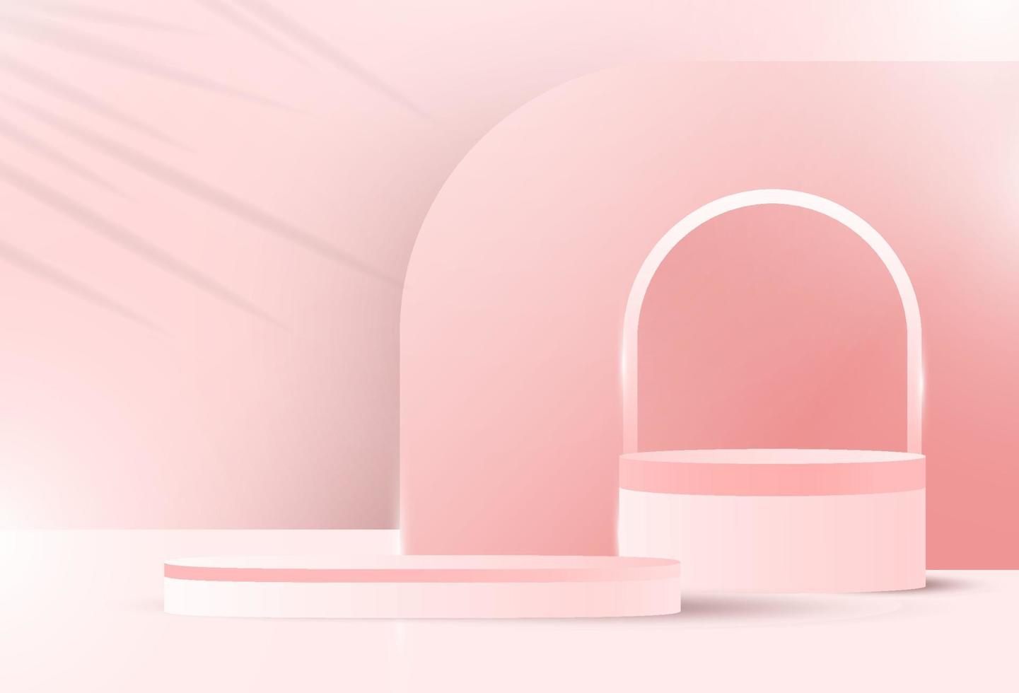 abstract wit 3d kamer met een realistisch roze podium cilinder reeks podium reeks en bedekking de schaduw van palm bladeren. minimum tafereel voor Product Scherm presentatie vector