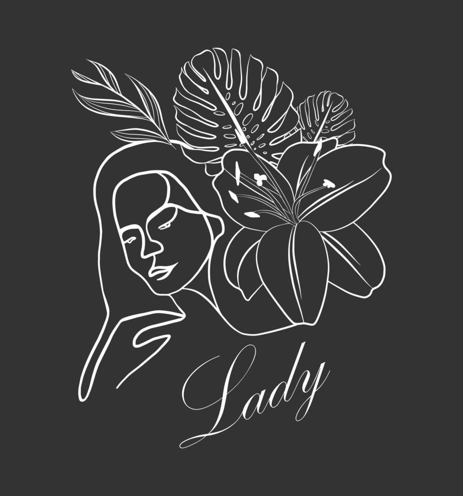 schets mooi dame portret, t-shirt afdrukken sjabloon. hand- getrokken vrouw gezicht met tropisch bloemen. vector