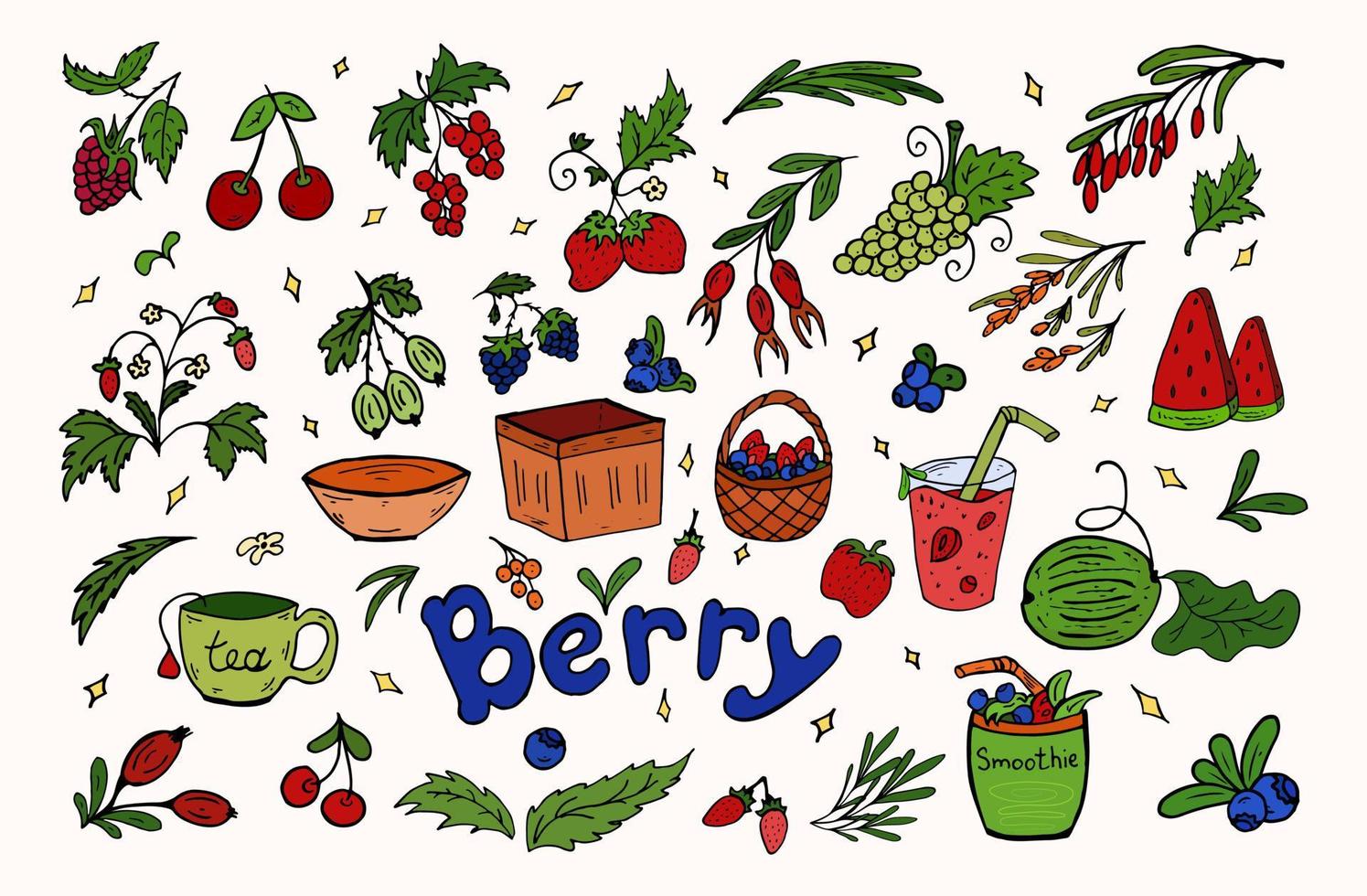 reeks bessen tekening kleur. vector illustratie. bessen, bladeren, manden, smoothies, gezond voedsel.