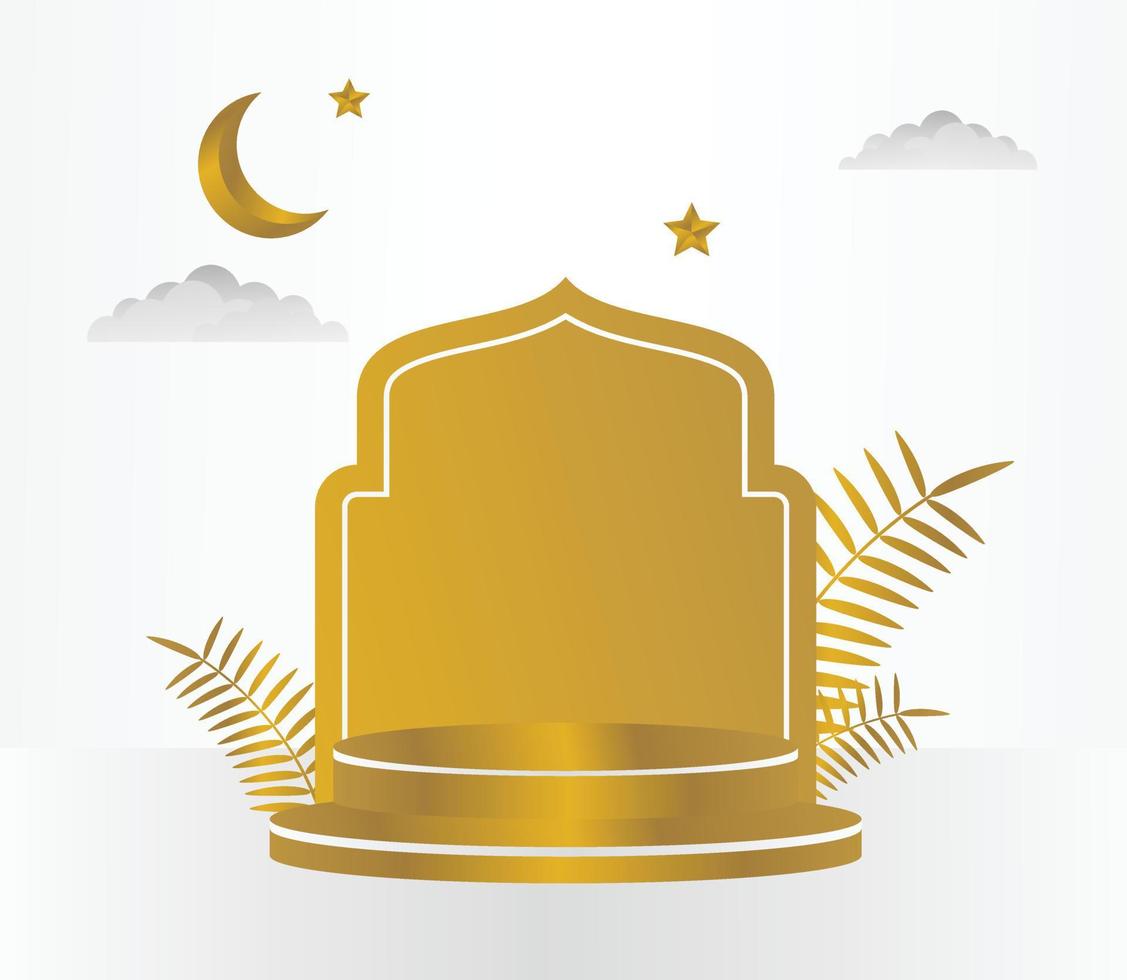 Islamitisch podium sjabloon met ornamenten van bladeren, wolken, maan en sterren, ontwerp voor Product Scherm, presentatie, stadium voor Islamitisch vakantie. elegant gemakkelijk kleur ontwerp illustratie. vector