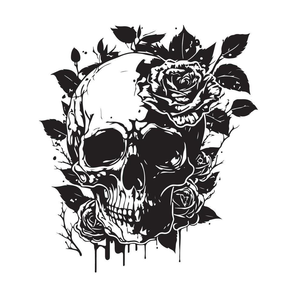 schedel met roos bloem zwart schets vector. menselijk schedel met roos schetsen tekening, tatoeëren vector illustratie geïsoleerd Aan wit achtergrond