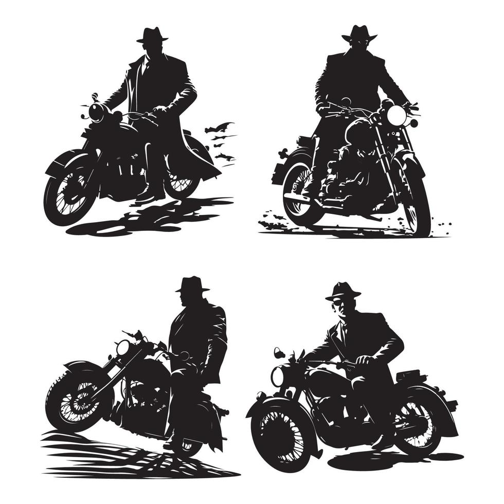 maffia rijden motorfiets, fiets vector zwart silhouet geïsoleerd Aan wit achtergrond. detective Aan motorfiets silhouet icoon, logo vector