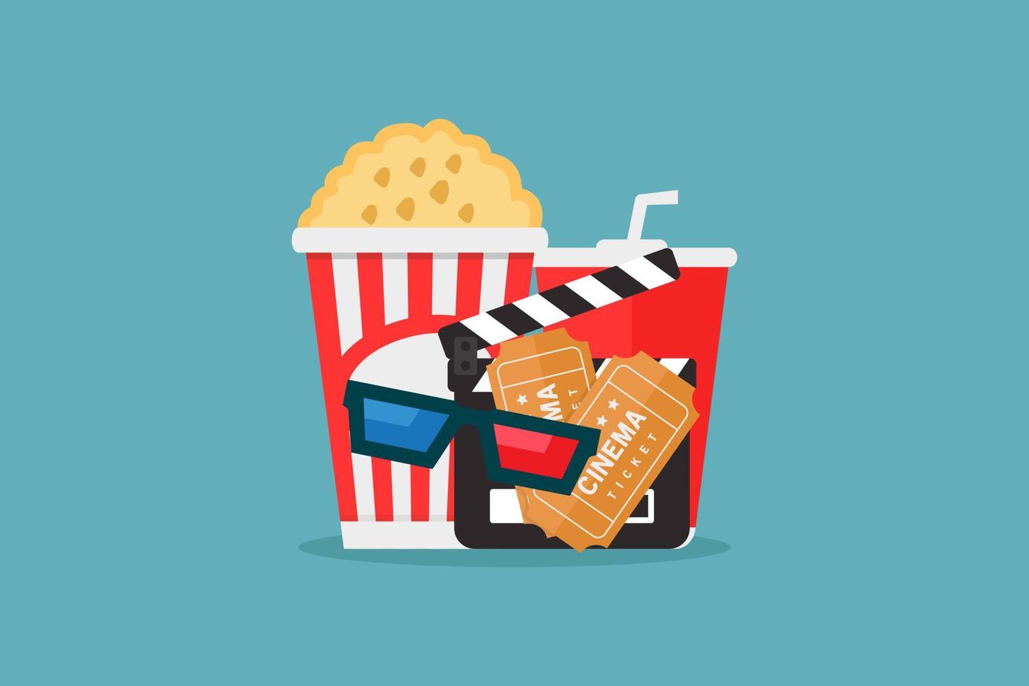 bioscoop illustratie, bioscoop, popcorn, Frisdrank drankjes, bioscoop 3d bril, filmklapper, vlak ontwerp vector illustratie