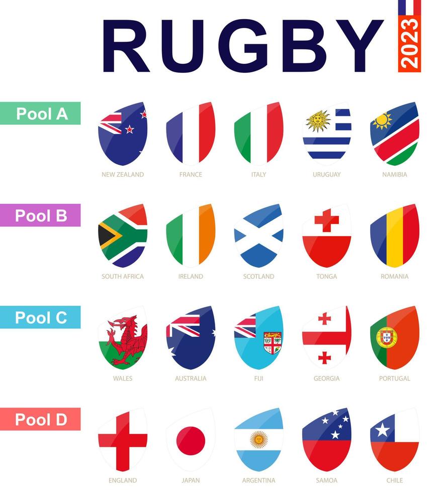 rugby 2023, allemaal zwembaden en vlag van rugby toernooi. vector