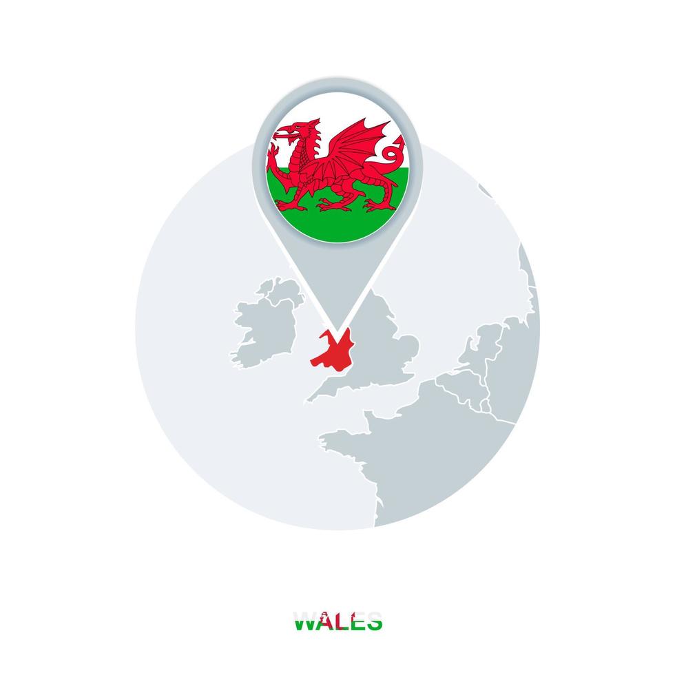 Wales kaart en vlag, vector kaart icoon met gemarkeerd Wales