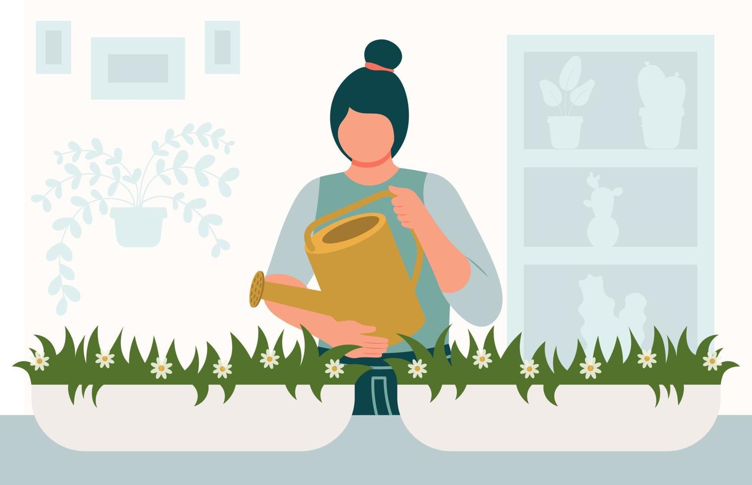 vrouw gieter huis planten met gieter kan voorjaar vector illustratie in vlak stijl