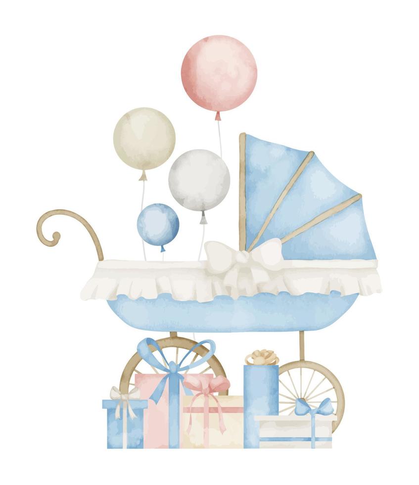 waterverf kinderachtig kinderwagen met lucht ballonnen en presenteert voor baby douche. hand- getrokken waterverf illustratie van wijnoogst wandelwagen en geschenk dozen Aan geïsoleerd achtergrond voor pasgeboren partij uitnodigingen vector