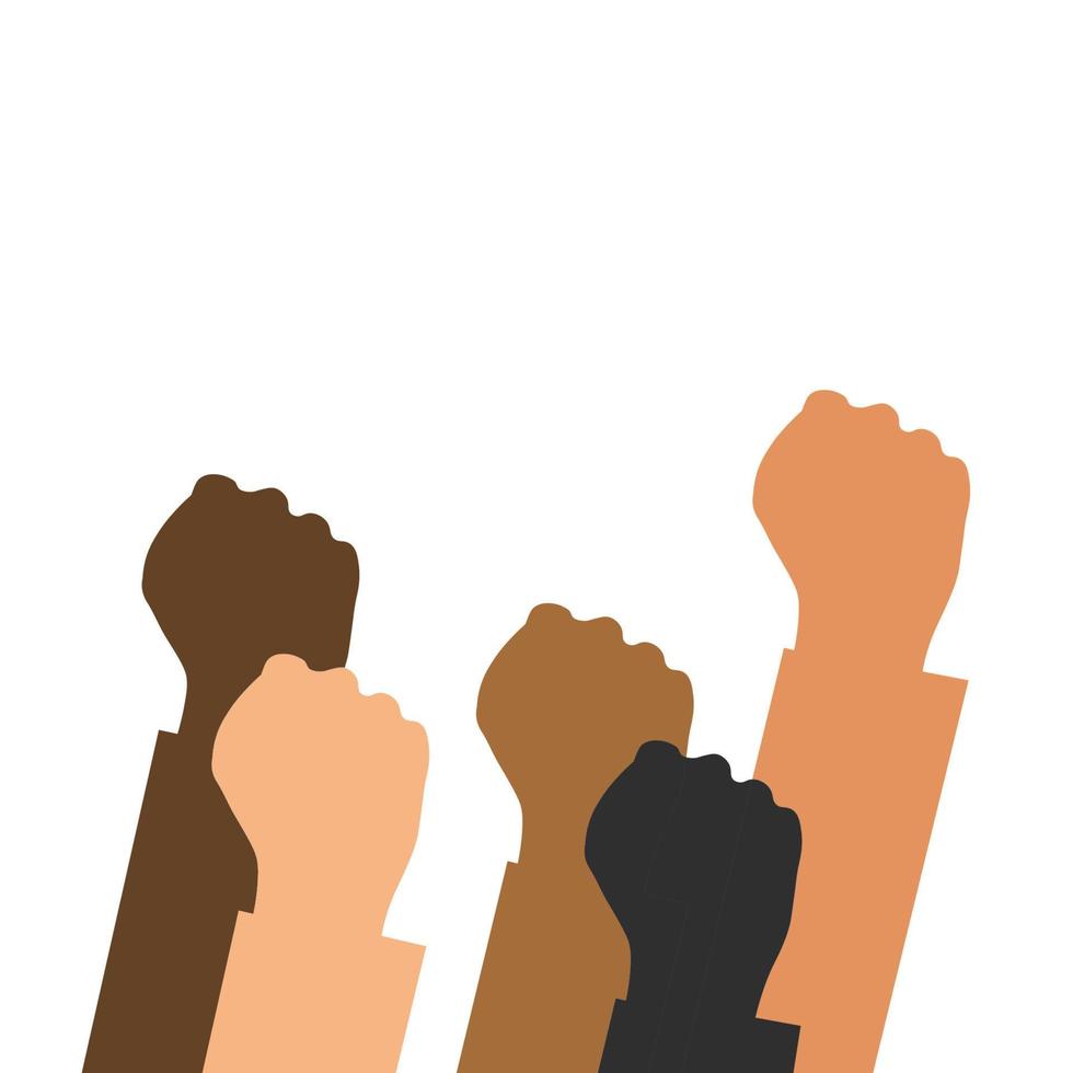 verheven handen. een groep van mensen van verschillend races verheven hun vuisten net zo een symbool van eenheid, protest, sterkte of zege, succes. de concept van eenheid, revolutie, strijd, medewerking. vector