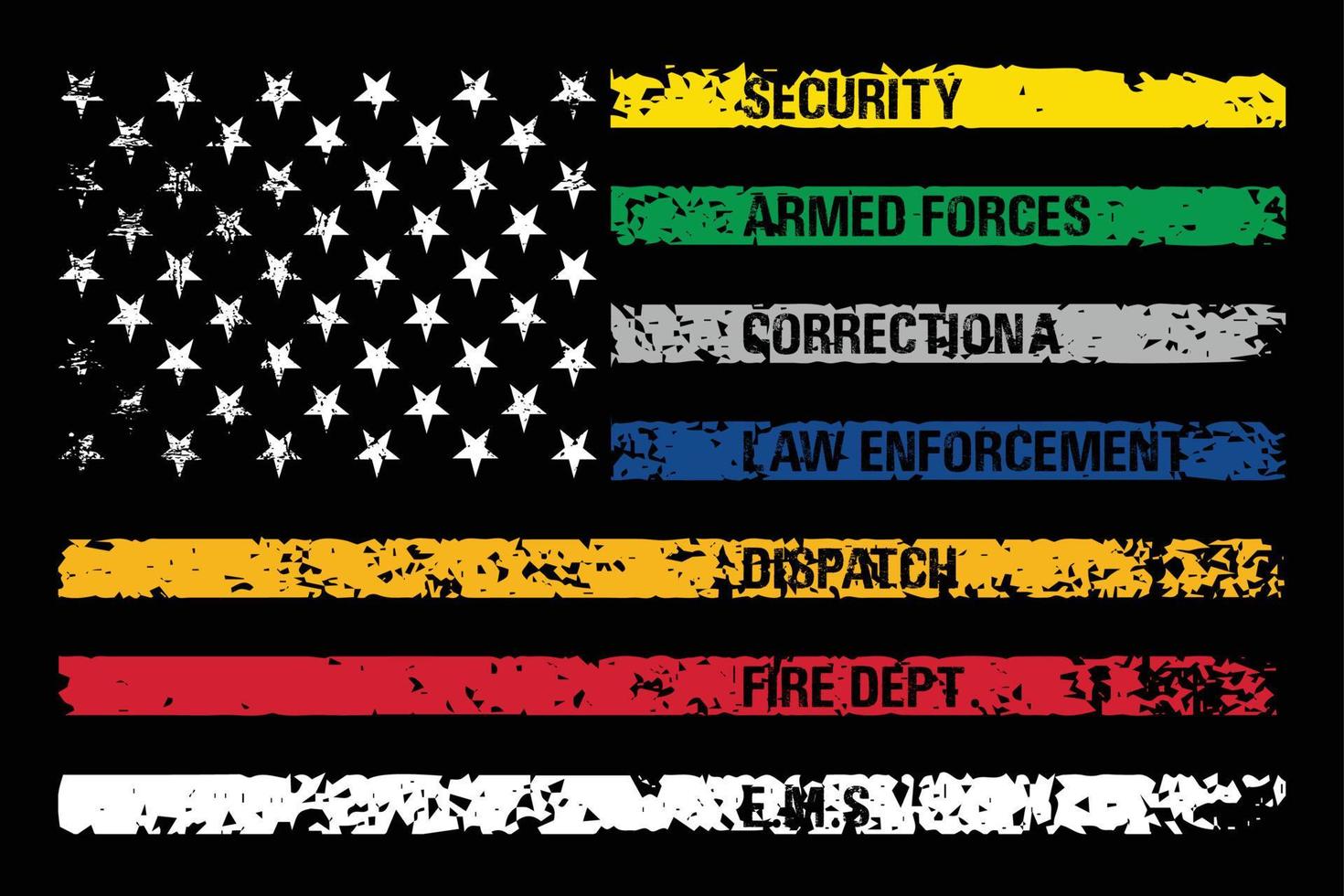 Amerika vlag met gekleurde lijnen staan voor correcties, verzenders, brandweerlieden, noodgeval medisch Diensten, wet handhaving en leger. vector