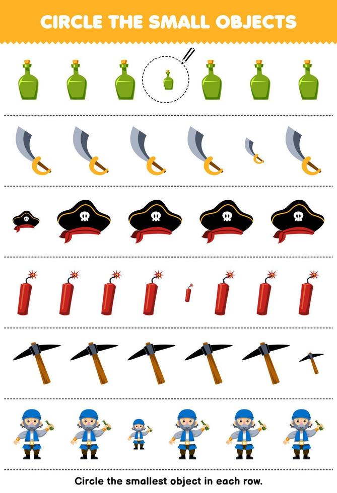 onderwijs spel voor kinderen cirkel de kleinste voorwerp in elk rij van schattig tekenfilm fles zwaard hoed dynamiet pikhouweel afdrukbare piraat werkblad vector