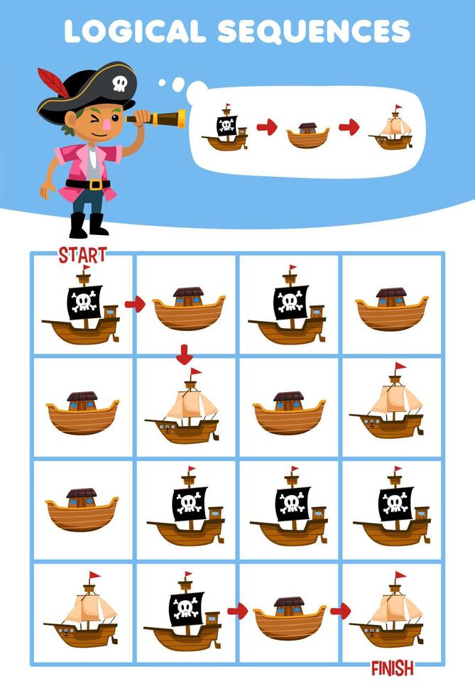 onderwijs spel voor kinderen logisch volgorde helpen jongen soort schip van begin naar af hebben afdrukbare piraat werkblad vector