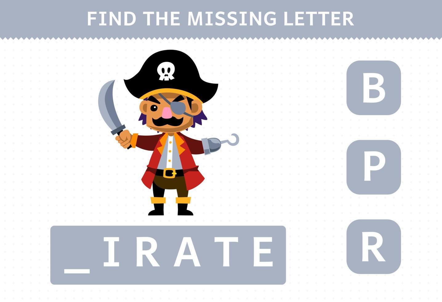 onderwijs spel voor kinderen vind missend brief van schattig tekenfilm piraat gezagvoerder afdrukbare piraat werkblad vector