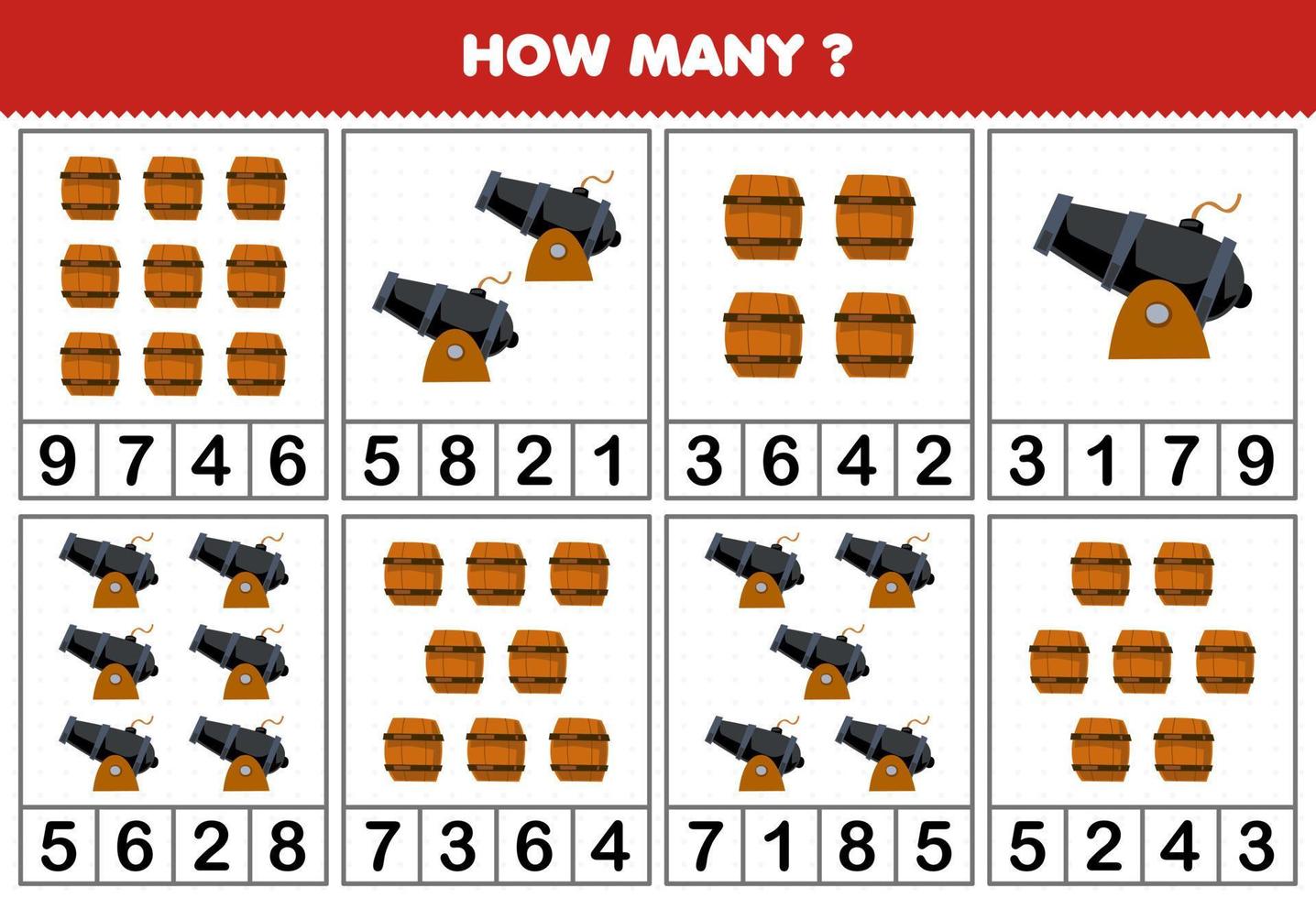 onderwijs spel voor kinderen tellen hoe veel schattig tekenfilm vat en kanon in elk tafel afdrukbare piraat werkblad vector