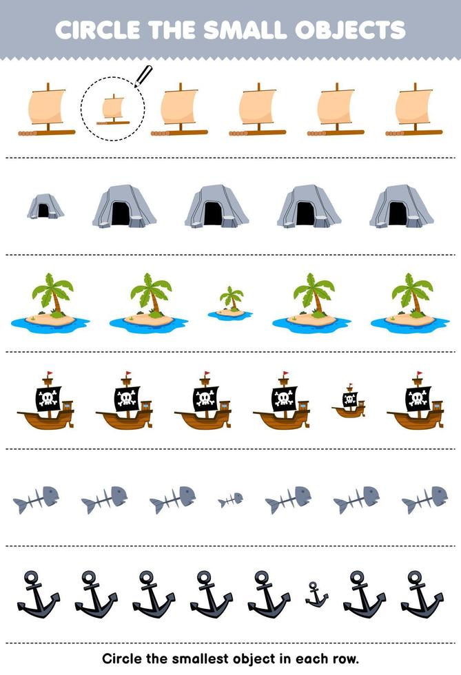 onderwijs spel voor kinderen cirkel de kleinste voorwerp in elk rij van schattig tekenfilm vlot grot eiland schip vis bot anker afdrukbare piraat werkblad vector