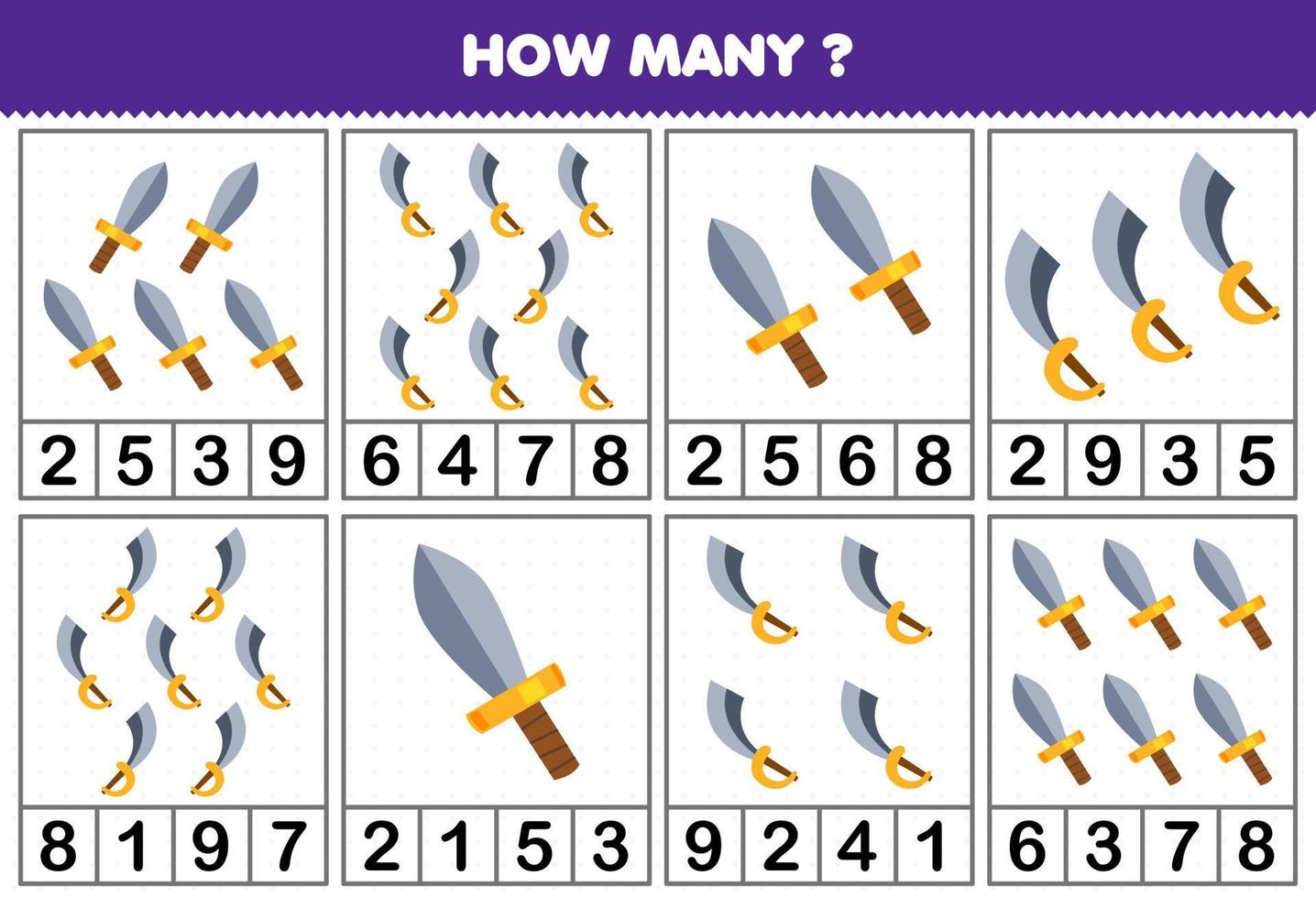 onderwijs spel voor kinderen tellen hoe veel schattig tekenfilm zwaard in elk tafel afdrukbare piraat werkblad vector