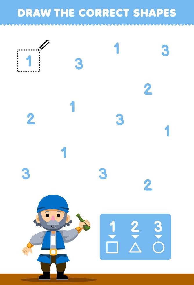 onderwijs spel voor kinderen helpen schattig tekenfilm oud Mens trek de correct vormen volgens naar de aantal afdrukbare piraat werkblad vector