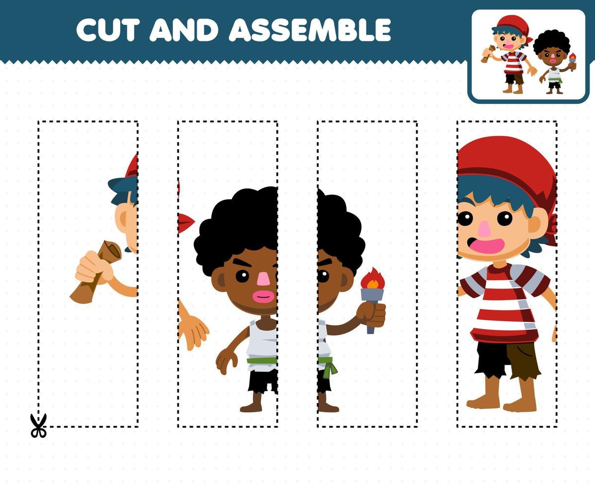 onderwijs spel voor kinderen snijdend praktijk en monteren puzzel van schattig tekenfilm jongens karakter afdrukbare piraat werkblad vector
