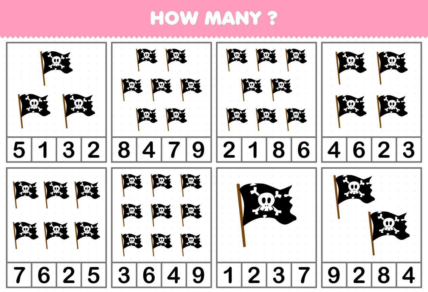 onderwijs spel voor kinderen tellen hoe veel schattig tekenfilm vlag in elk tafel afdrukbare piraat werkblad vector
