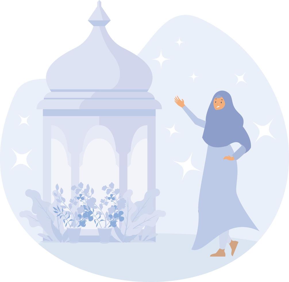Ramadan kareem met vrouw en lampen, gelukkig vrouw gedurende Ramadan, vlak vector modern illustratie