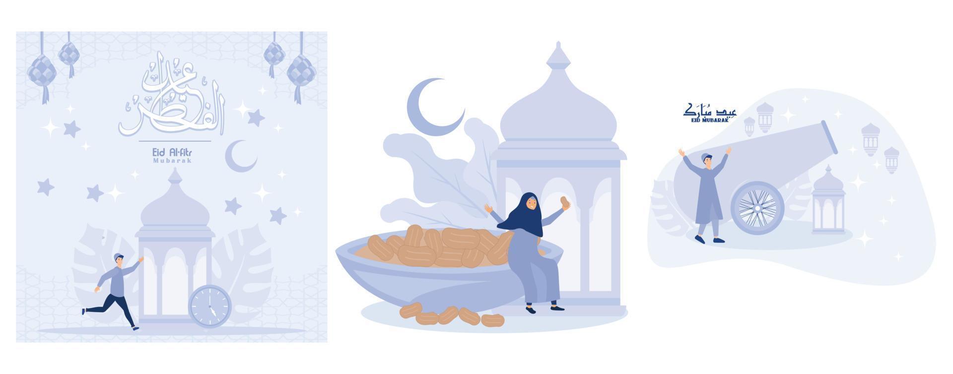 moslim zijn gelukkig wanneer breken de snel van Ramadan, een moslim is gelukkig naar Welkom de maand van Ramadan, reeks vlak vector modern illustratie