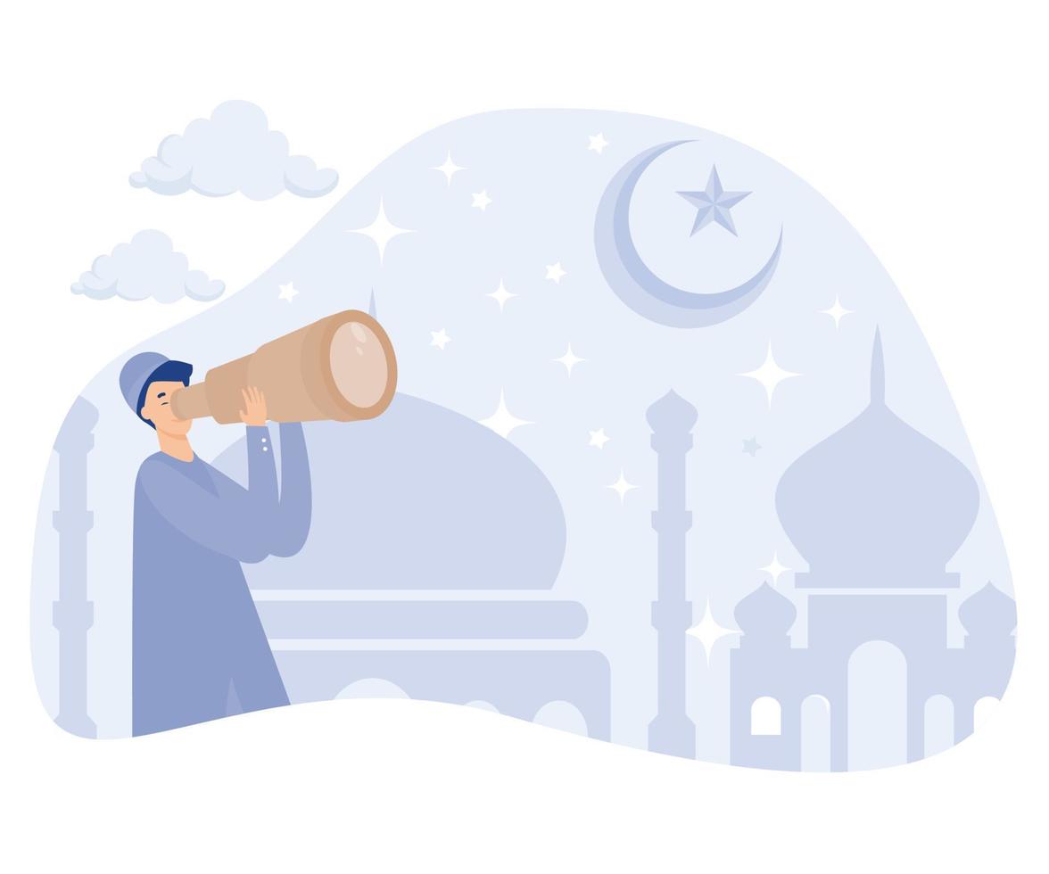 moslim zoeken de nieuw maan of Hilal met telescoop, signalen begin van de Islamitisch heilig maand van Ramadan vasten, vlak vector modern illustratie