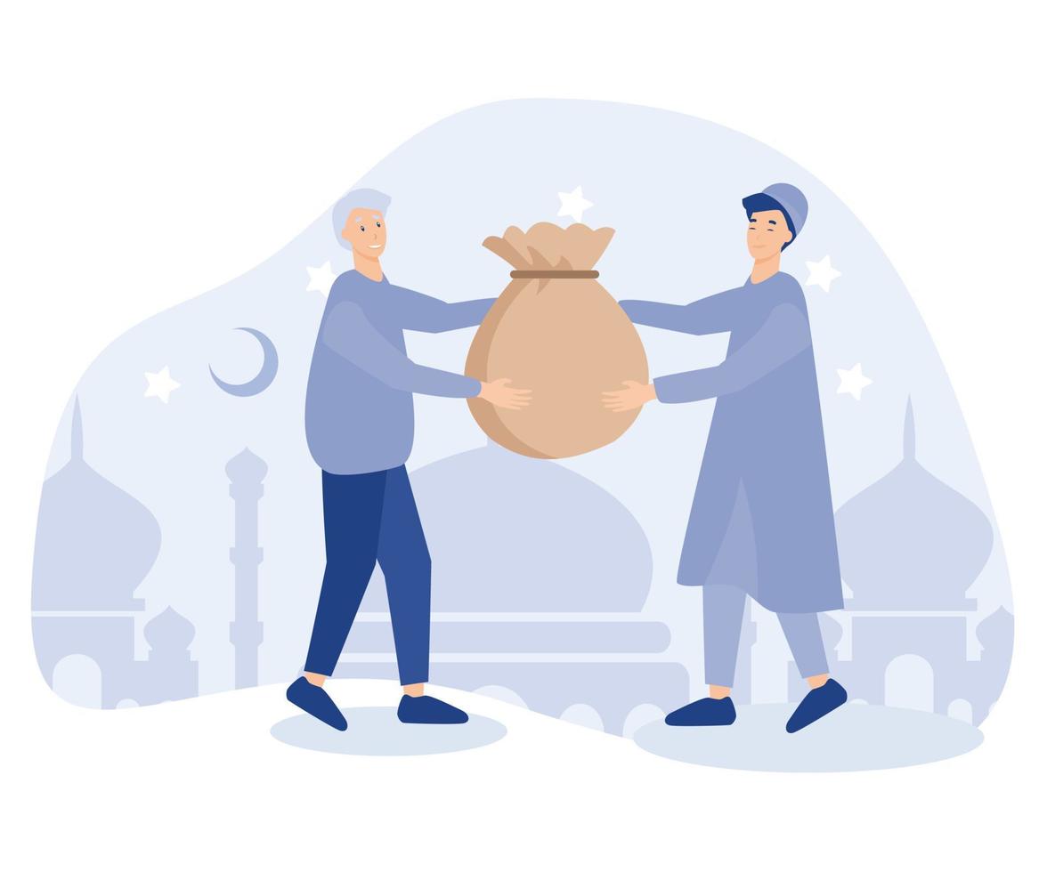 Ramadan betalen zakat concept, een moslim geven zakat naar oud Mens wanneer Ramadan maand, geven liefdadigheid naar de andere persoon, vlak vector modern illustratie