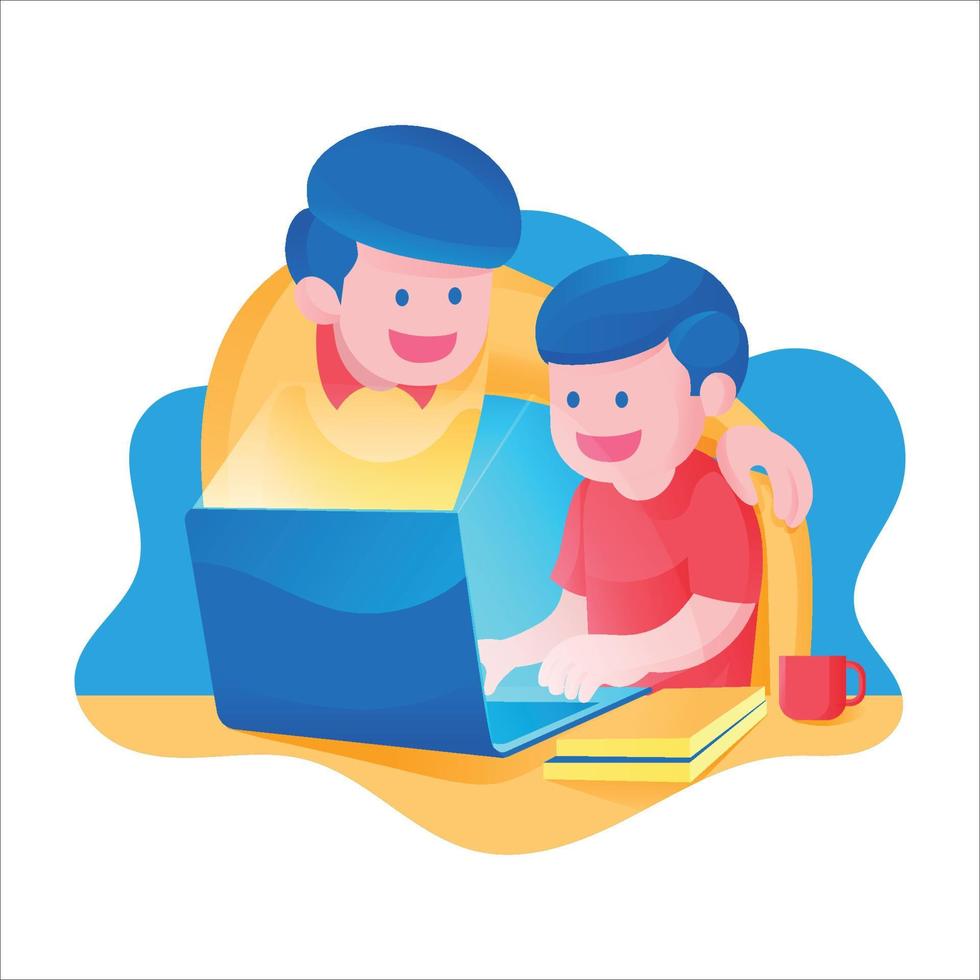 een jongen met zijn vader aan het leren online in school- van huis werkzaamheid, studie in voorkant van laptop en boeken kleurrijk thema vector illustratie