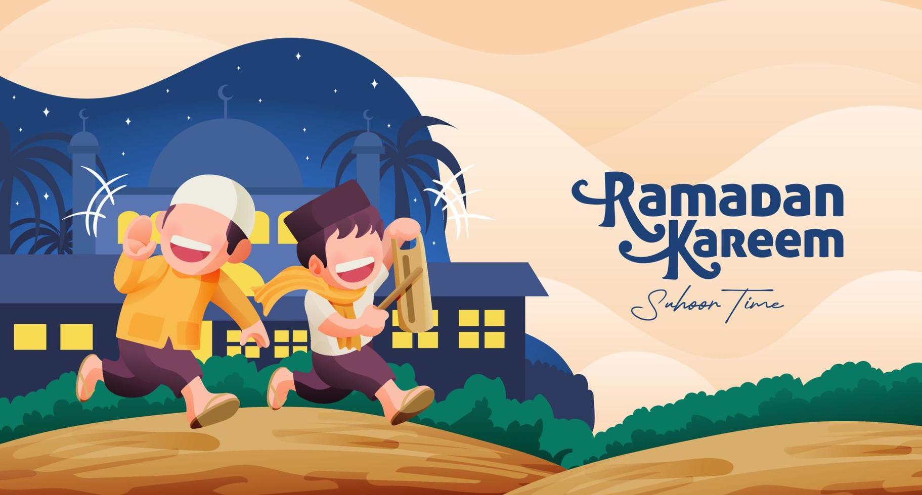 Ramadan kareem illustratie traditioneel jongen roeping mensen omhoog naar suhoor maaltijd concept vector