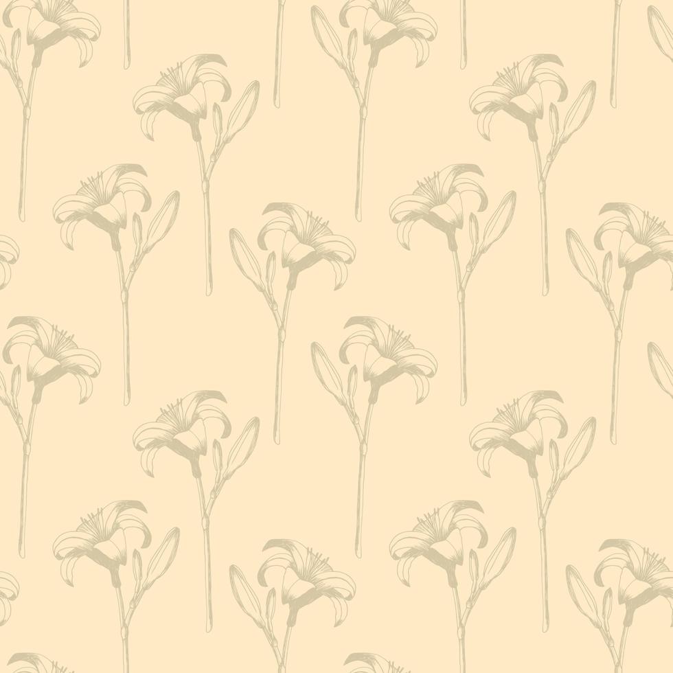 daglelie vector naadloos patroon. hand- getrokken bloemen van dag lelie Aan beige achtergrond. ontwerp voor bruiloft decor, achtergronden, gordijnen, textiel, omhulsel papier.