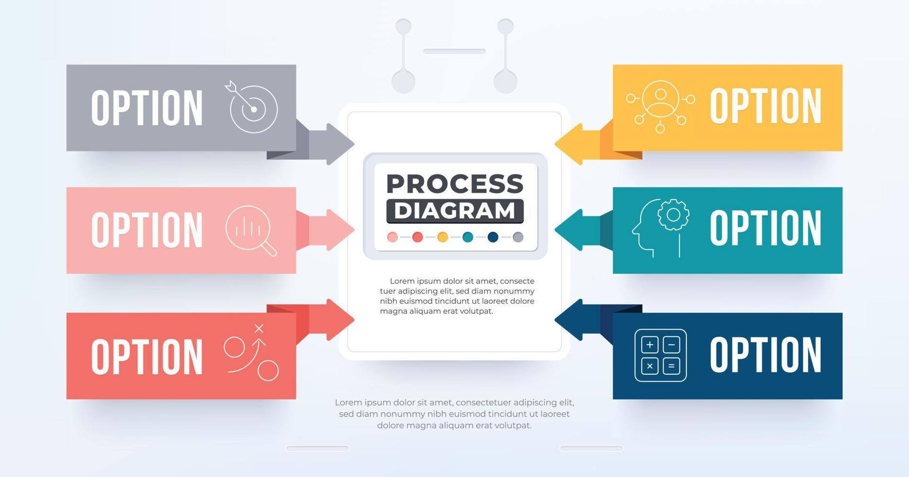 6 werkwijze diagram infographic sjabloon punt naar centrum. vector